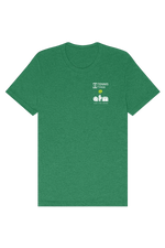 Green t-shirt with logos on a white background