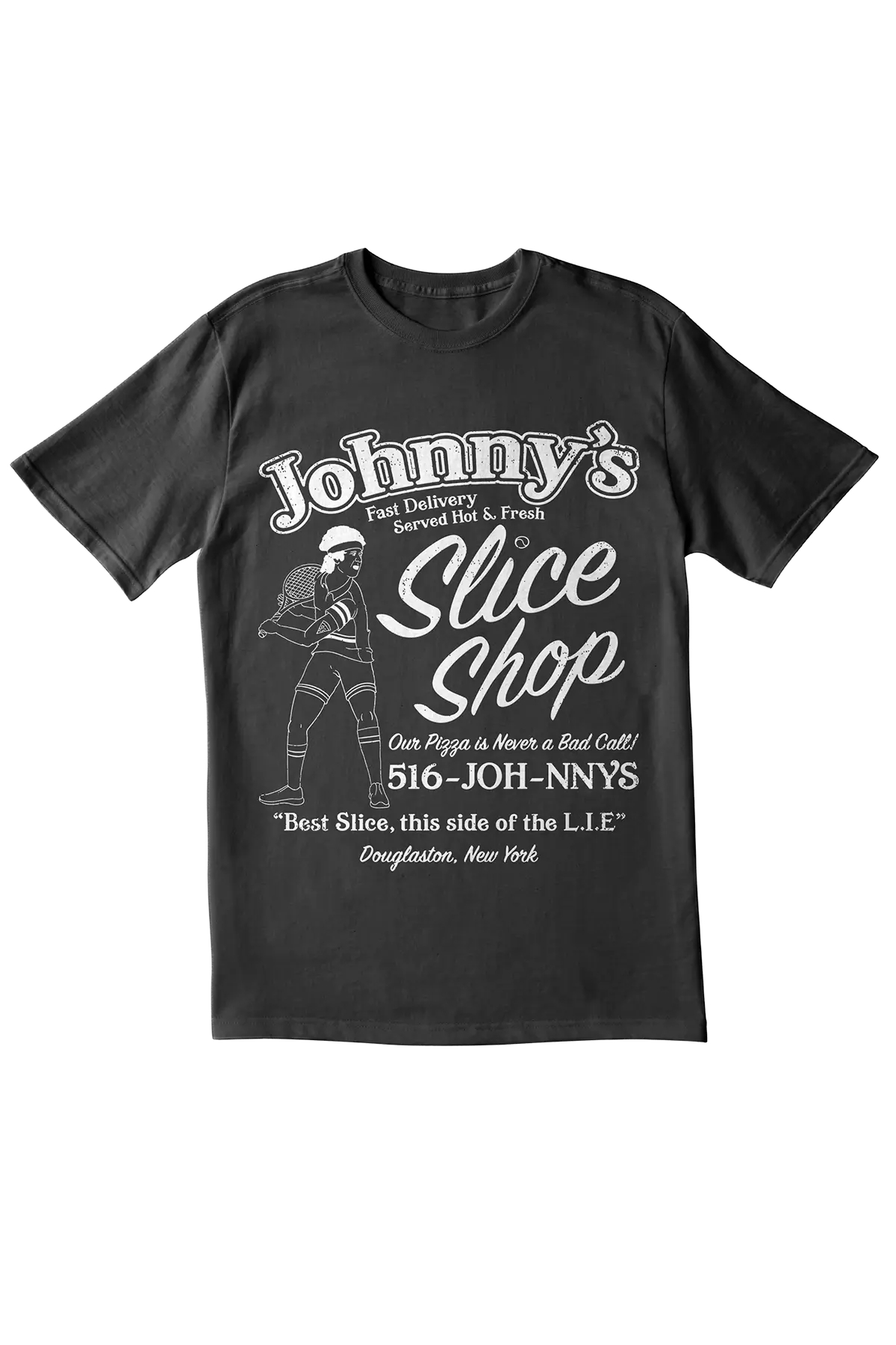 johnny's slice shop funny tennis shirt by ace the moon tennis and pickleball apparel brand