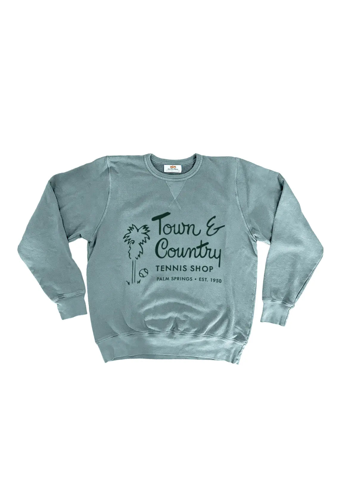 Blue sweatshirt with text and logo on a white background