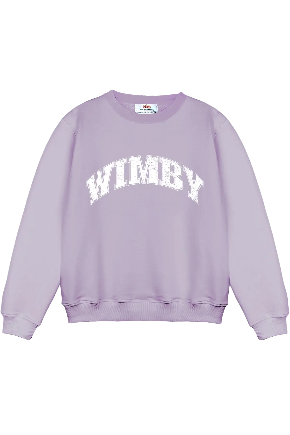 Lavender sweatshirt with 'WIMBY' text on a white background
