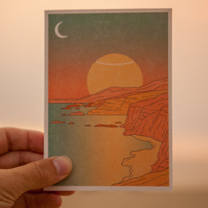 beautiful stationary by Cai & jo of a sunset coastline showcasing a sun as a tennis ball. sold by Ace the Moon tennis brand