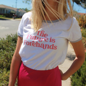 the future is forehands tennis tee in white by Ace the Moon tennis apparel brand