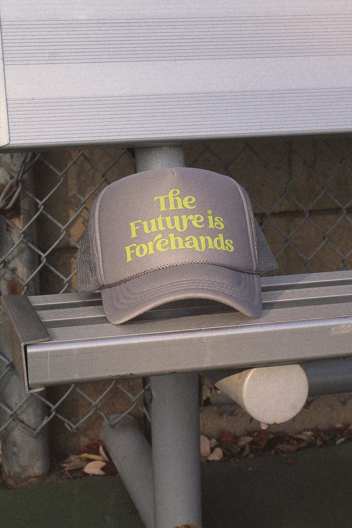 The Future is Forehands Trucker Hat in Silver by Ace the Moon tennis and pickleball apparel brand los angeles california