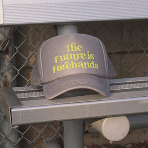 The Future is Forehands Trucker Hat in Silver by Ace the Moon tennis and pickleball apparel brand los angeles california