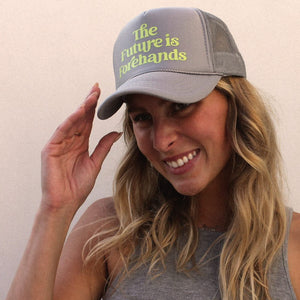 The Future is Forehands Trucker Hat in Silver by Ace the Moon tennis and pickleball apparel brand los angeles california