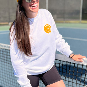 thats a good ball tennis trucker hat and crewneck sweatshirt by Ace the Moon tennis apparel brand LA
