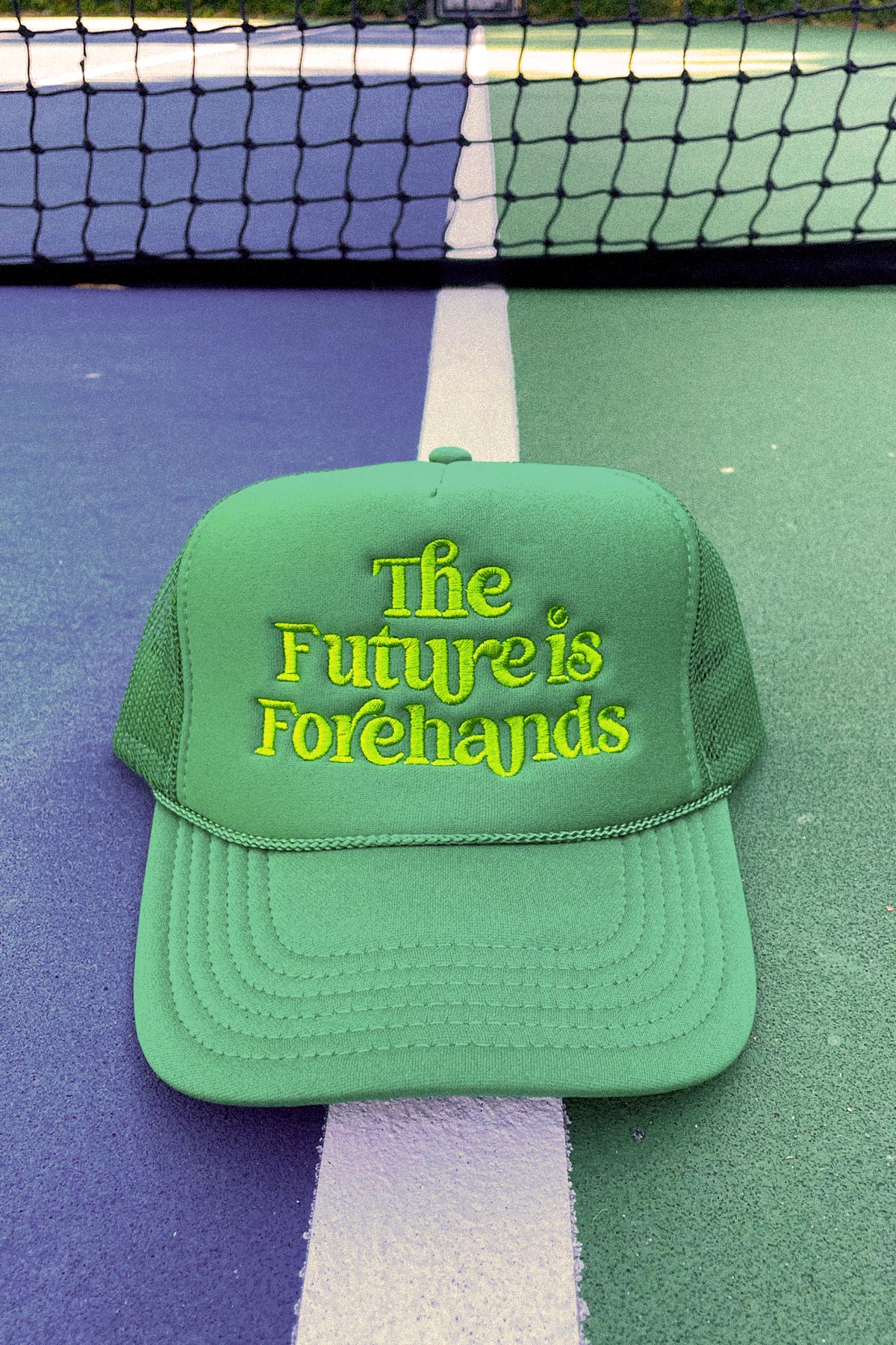 the future is forehands tennis trucker hat in green by Ace the Moon tennis apparel brand LA