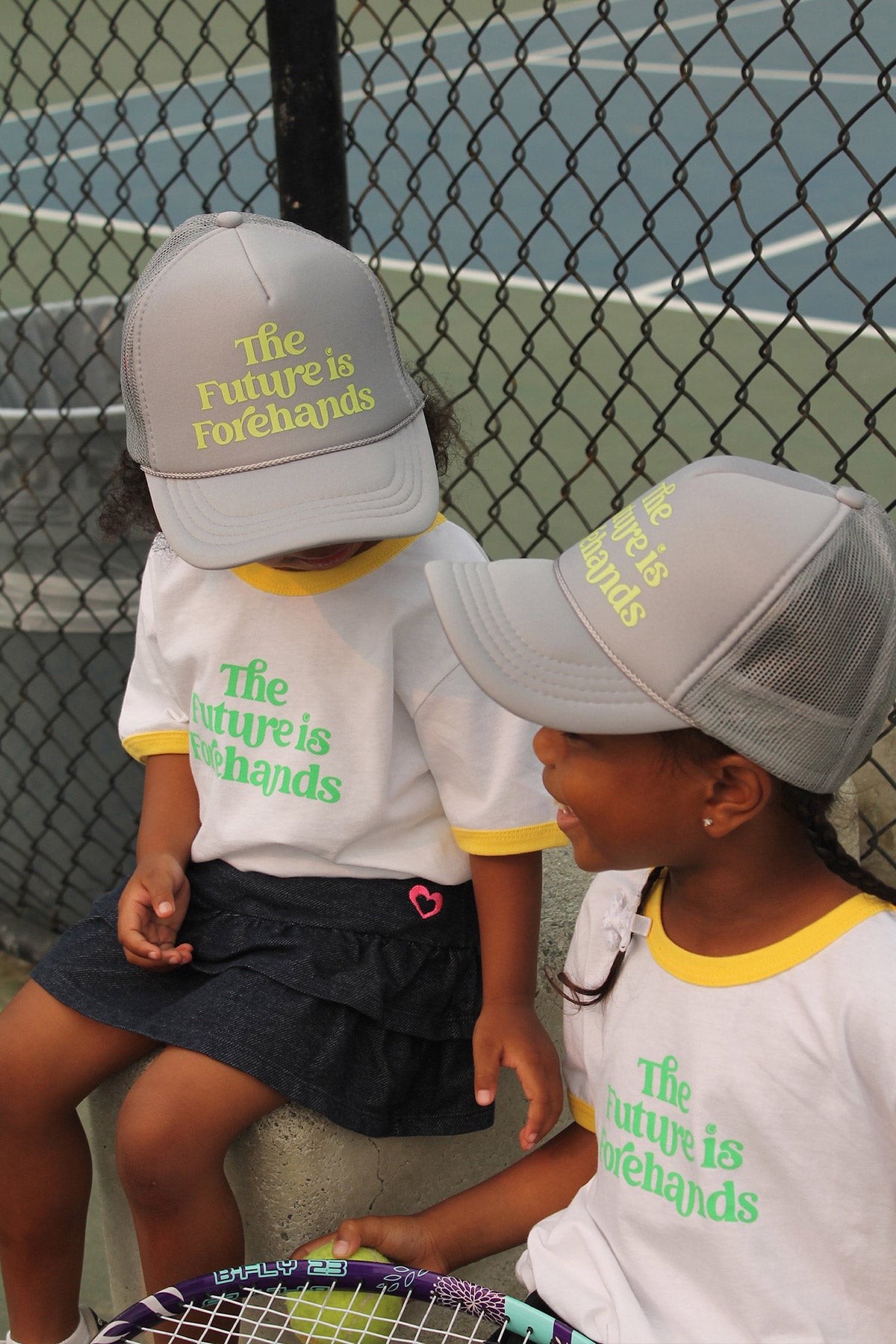 The Future is Forehands Trucker Hat in Silver by Ace the Moon tennis and pickleball apparel brand los angeles california