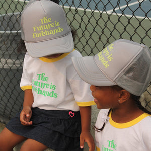 The Future is Forehands Trucker Hat in Silver by Ace the Moon tennis and pickleball apparel brand los angeles california