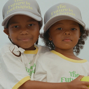 The Future is Forehands Trucker Hat in Silver by Ace the Moon tennis and pickleball apparel brand los angeles california