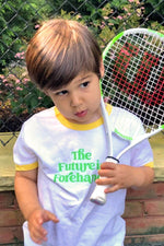 the future is forehands kids tennis tee in white by ace the moon tennis apparel brand LA