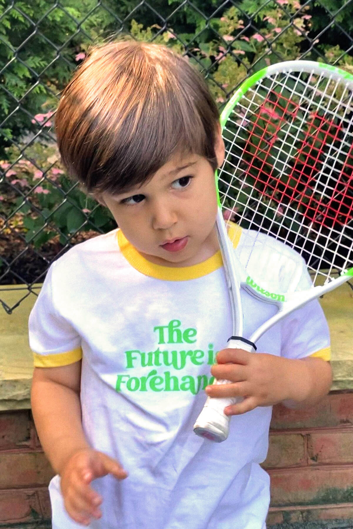 the future is forehands kids tennis tee in white by ace the moon tennis apparel brand LA