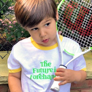 the future is forehands kids tennis tee in white by ace the moon tennis apparel brand LA