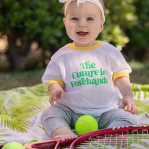 the future is forehands kids tennis tee in white by ace the moon tennis apparel brand LA