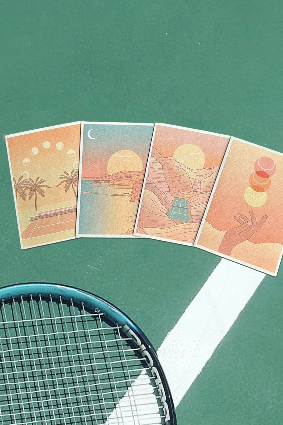 Cai & Jo Tennis Stationery card set showcasing beautiful tennis inspired landscape artwork sold by Ace the Moon tennis brand